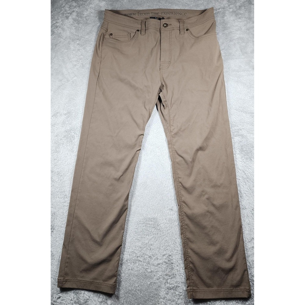 PrAna Brion Pants Mens 35x32 Beige Nylon Stretch Slim Fit Travel Casual 5-Pocket
